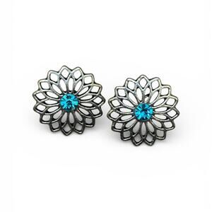 Elegant Silver Tone and Blue Rhinestone Floral Earrings